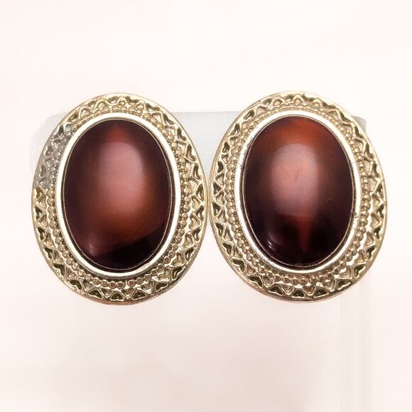 Vintage Jewelry - Vintage Clip On Earrings Very Large Gold Tone & Brown Oval Statement Glam